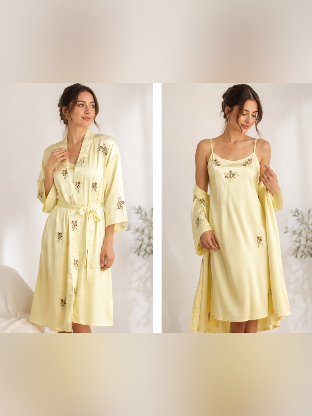 Vintage Unbranded Yellow Satin Floral Embroidered Sleep Slip & Robe Set Sz. M